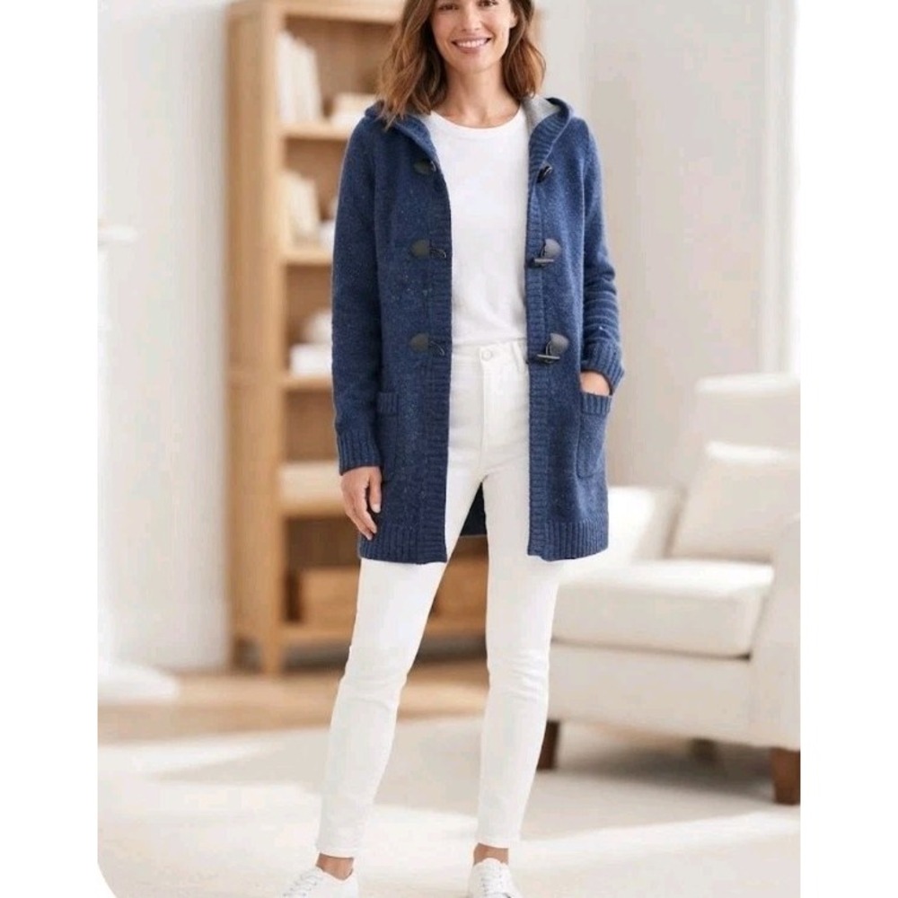 Fisherman Out of Ireland Womens XL Blue Wool Toggle Hooded Cardigan Sweater Coat